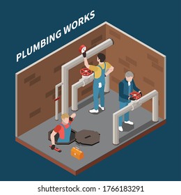 Plumber isometric concept with three workers repair pipes and plumbing works headline vector illustration