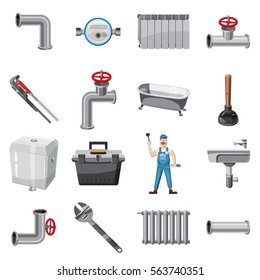 Plumber items icons set. Cartoon illustration of 16 plumber items vector icons for web