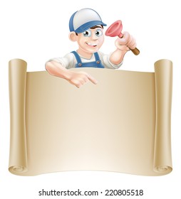 A plumber or janitor holding a rubber plunger peeping over a scroll banner and pointing