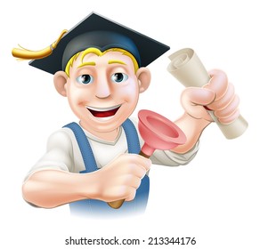 A Plumber Or Janitor With Mortar Board Graduate Cap With Diploma Certificate Or Other Qualification. Professional Training Or Learning Or Being Qualified