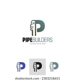 Plumber Letter P Logo of pipe wrench symbol vector plumbing repair icon service company workman clipart