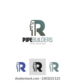Plumber Letter R construction Logo of pipe wrench symbol vector plumbing repair icon service workman clipart