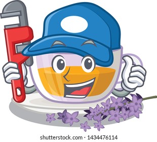 Plumber levender tea is poured cartoon bottle