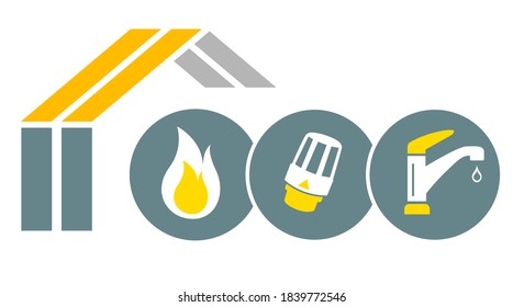Logo de plomero con llama de fuego y grifo de agua.