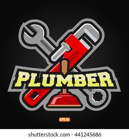 Plumber logo. Vector illustration. Wrench, pipe wrench, plunger.