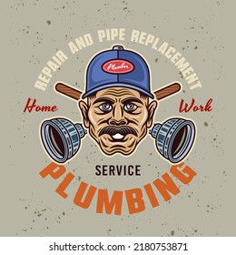Plumber man in cap hat and two crossed plungers vector vintage emblem, label, badge or logo for plumbing service company. Illustration in colorful cartoon style on light background