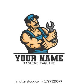 Un fontanero lleva un spanner en la mano. logotipo. ilustración vectorial