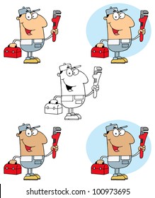 Plumber Man Carrying A Red Wrench And Tool Box. Vector Collection