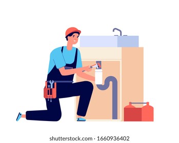 Plumber. Man fixing pipeline, water valve and sink. Isolated worker with tools. Pipes repairing, home helping service vector illustration