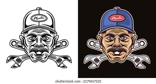 Cabeza de plomero con sombrero de gorro y dos ilustraciones vectoriales ajustables cruzadas en dos estilos negro sobre blanco y colorido sobre fondo oscuro