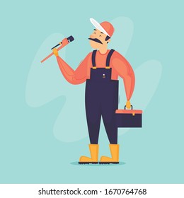 Plumber, a man holds a wrench and a tool box. Flat design vector illustration.	
