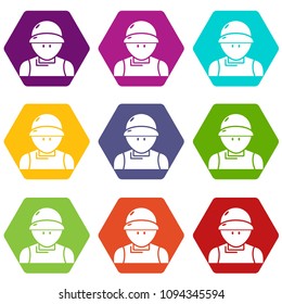 Plumber man icons 9 set coloful isolated on white for web
