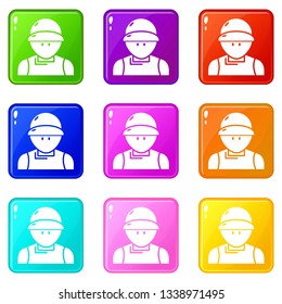 Plumber man icons set 9 color collection isolated on white for any design