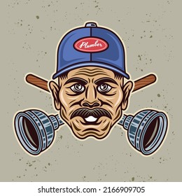 Plumber man with mustache in cap and two crossed plungers vector illustration in colorful cartoon style isolated on light background