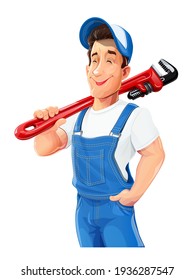 Plumber man with pipe wrench. Work occupation. Pipe repair Service. Cartoon character, Isolated on white background. Eps10 vector illustration.