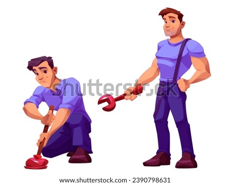 Plumber man with wrench, handyman cartoon vector character. Plumbing service worker mascot repair and renovation with smile. Isolated happy adult muscular professional technician fix clipart set