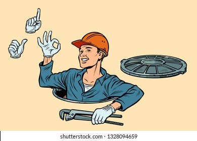 Plumber in the manhole. set of gestures okay attention like. Pop art retro vector illustration kitsch vintage