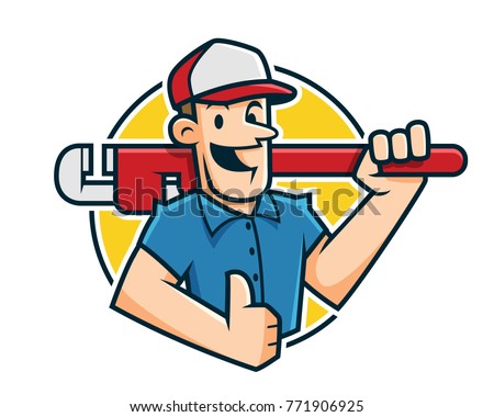 Plumber mascot, plumber character, worker cartoon