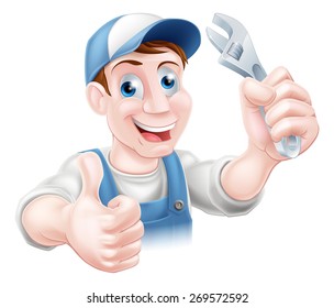 A plumber or mechanic in baseball cap holding a spanner and giving a thumbs up