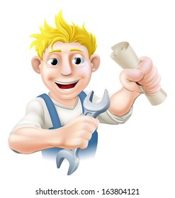 Plumber or mechanic with certificate, qualification or other scroll and wrench. Education concept for being professionally qualified or certificated. 