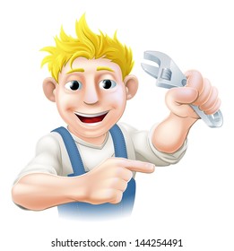A plumber, mechanic or engineer in overalls pointing and holding an adjustable spanner or wrench 