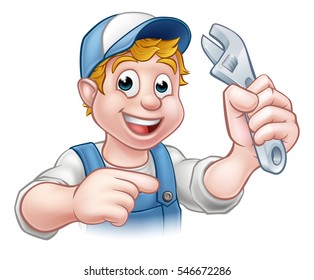 A plumber or mechanic handyman cartoon character holding a spanner and pointing