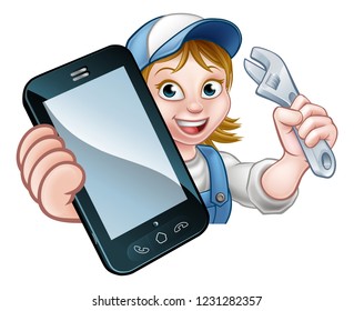 A plumber, mechanic or handyman holding a spanner and phone with copyspace
