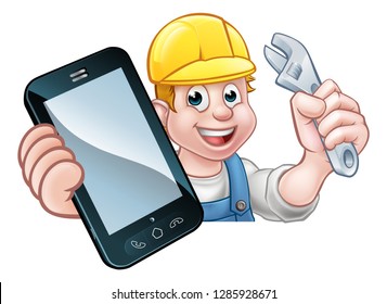 A plumber, mechanic or handyman holding a spanner and phone with copyspace