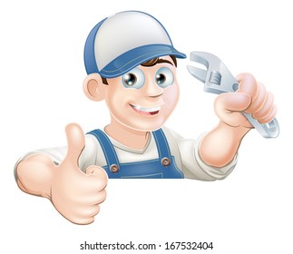A plumber or mechanic holding an adjustable wrench or spanner and giving a thumbs up while peeking over a sign or banner