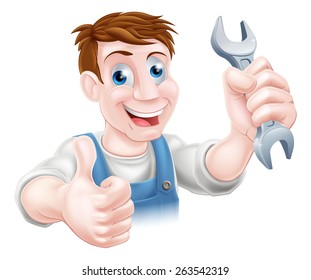 A plumber or mechanic holding a spanner and giving a thumbs up
