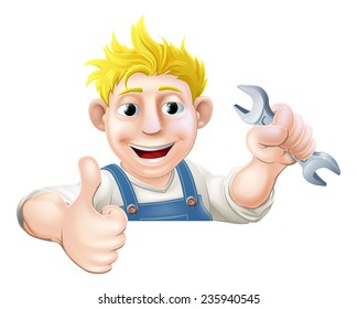 A plumber or mechanic holding a wrench or spanner and giving a thumbs up while peeking over a sign or banner