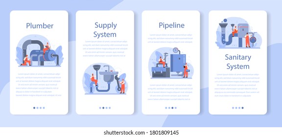 Plumber mobile application banner set. Plumbing service, professional repair and cleaning of plumbing and bathroom equipmen. Vector illustration.