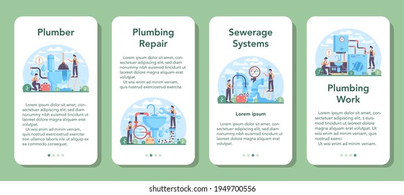 Plumber mobile application banner set. Plumbing service, professional repair
