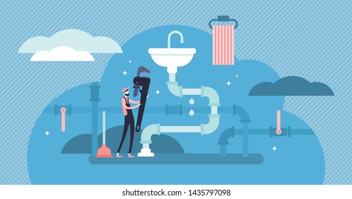 Plumber occupation vector illustration. Flat tiny faucet repair persons concept. Construction service work with water pipeline tube maintenance and leak fix. Abstract house sanitary sink mechanic job.