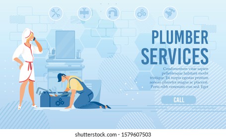 Plumber Online Service Flat Landing Page. Mistress Wearing Bathrobe And Towel On Head Calling Master By Phone. Cartoon Repairman Character Eliminating Pipe Blockage And Leaks. Vector Illustration