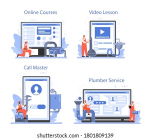 Plumber online service or platform set. Plumbing service, professional repair and cleaning of plumbing and bathroom equipmen. Online course, website, video lesson, call. Vector illustration.