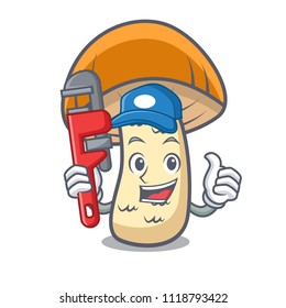 Plumber orange cap boletus mushroom mascot cartoon