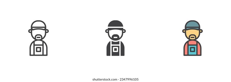 Plumber Person unterschiedlichen Stil Icon Set. Linie, Glyph und gefüllte Umrissversion, Umriss und ausgefülltes Vektorzeichen. Symbol, Logo-Abbildung. Vektorgrafik
