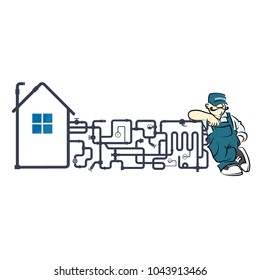 Plumber and piping system in house vector