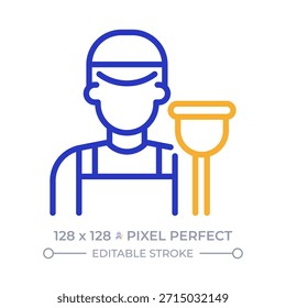Pixel de fontanero perfecto icono de línea de dos colores. Hombre trabajador con émbolo. Reparación de tuberías, accesorios y suministro de agua símbolo de contorno bicolor. Pictograma lineal duotono. Ilustración aislada. Trazo editable