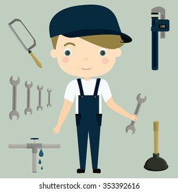 Plumber. Plumbing  materials and tools. Cute vector set.