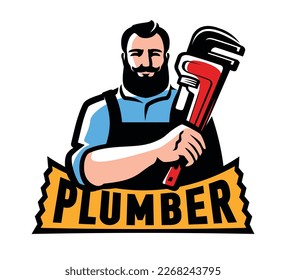 Plumber with plumbing wrench. Emblem, logo. Construction, Repair work vector illustration