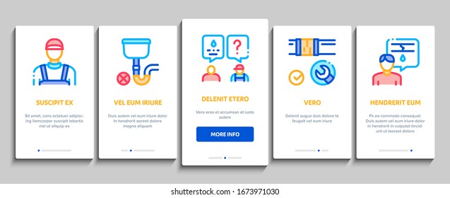 Vector de pantalla de la página de inicio de Plumber Profession Mobile App. Trabajador Y Equipo De Plomero, Investigación De Faucetos Y Tuberías, Caso De Instrumento Para Fijar Ilustraciones De Contorno De Color