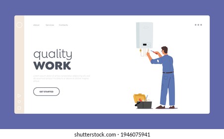 Plumber Quality Work Landing Page Template. Call Master Character in Robe Install Smart Heater. Husband for an Hour Repair Service, Worker Handyman Fixing Broken Technics. Cartoon Vector Illustration