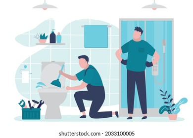 Plumber removes blockage with plunger in toilet. Man called worker from plumbing service. Specialist with tools fixes toilet. Guy doing repair work in restroom. Bathroom interior. Vector illustration