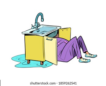 Plumber To Repair The Kitchen Sink. Comic Cartoon Vintage Retro Style