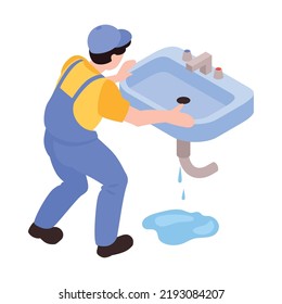 Plumber from repair service fixing leaking sink 3d isometric vector illustration