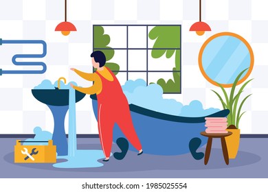 Plumber repairing broken leaking sink faucet in bathroom flat composition vector illustration