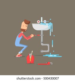 Plumber repairing faucet. Flat design vector illustration of plumber working in bathroom.