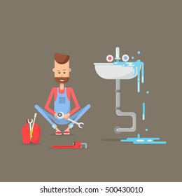 Plumber repairing faucet. Flat design vector illustration of plumber working in bathroom.
